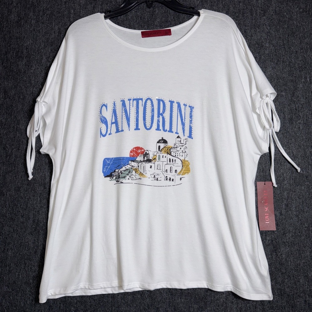 Love Scarlett Women's Santorini Graphic Tee Sz 1x Tie Sleeve Greece Travel White